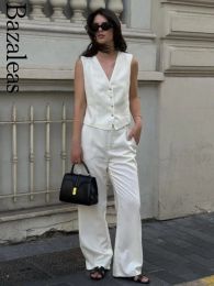 Jackets 2023 Bazaleas Store Traf women's Office Lady Slim Linen WaistCoat Tops V Neck White Short Vest Jacket Official Clothing