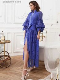 Urban Sexy Dresses Early Spring Fashion Brand Retro Design Standing Neck Lantern Sleeve Single Breasted Large Swing Cut Out Lace Long Dress L240309