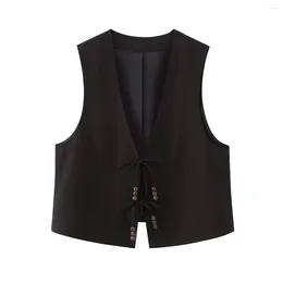 Women's Vests Clothing 2024 Summer Black V-Neck Sleeveless Casual Suit Vest Beaded Bow Lace-Up Linen Blazer Tank Top Waistcoat