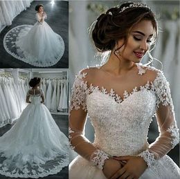 2024 New Dubai eleganti maniche lunghe abiti da sposa a-line girocollo velato applicazioni di pizzo in rilievo Vestios De Novia abiti da sposa con bottoni