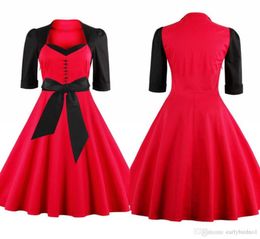 Newest Patchwork Women Work Dresses Red With Black Vintage Square Neckline Half Sleeve Swing Women Casual Dress Plus Size FS11109306982