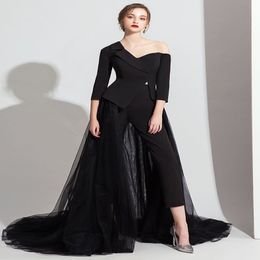 Elegant Evening Dresses Long Black White Jumpsuit Long Pant Jumpsuit Long Sleeve Formal Dress V Neck Jumpsuits Dubai Prom Gown302L