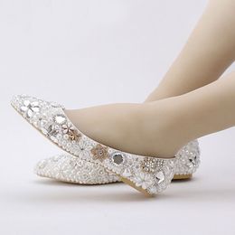 Beautiful Flat Heel White Pearl Wedding Shoes Comfortable Crystal Bridal Flats Customised Mother of Bride Shoes Plus Size 42 43236c