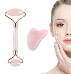 Natural Stone Rose Quartz Facial Roller Guasha Set Face Lifting Wrinkle Removal Jade Roller Facial Massager for Beauty Salon CY2002965613