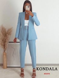 KONDALA Office Lady Light Blue Blazer Suits Women 2 Pieces V Neck Loose JacketsHigh Waist Sashes Pants Fashion Autumn Sets 240228