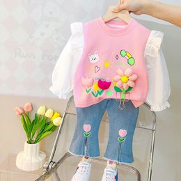 Spring Kids Clothing Sets Baby Girls Lace Floral T Shirt Jeans 2 Pcs Suits Cartoon Infant Clothes Outfits Children Costume 240308