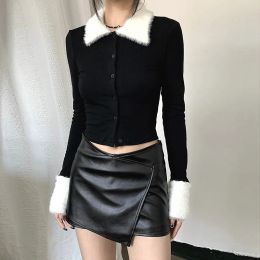 Cardigans Xpqbb Black Cardigan Tops Women Elegant Slim Fit White Plush Turndown Collar Blouse Woman Korean Long Sleeve Cropped Shirts