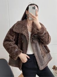 Fur 2022 Real Fur Big Collar Suede 100 Wool Sheep Sheared Overcoat Medium Long Fur Coat manteau fourrure femme