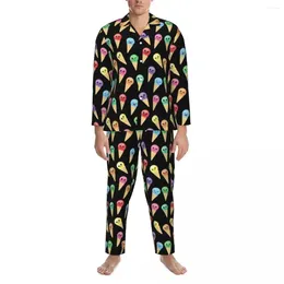Men's Sleepwear A Lot Of Crazy Ice Creams Pajama Set Cartoon Romantic Men Long Sleeve Casual Leisure 2 Pieces Nightwear Large Size 2XL