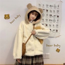 Parkas Women Lolita Teddy Hooded Soft Girl Soft Fabric Sweet Kawaii Bear Ears Coat Japanese Ins Cute Plush White Jacket Youthful Parka