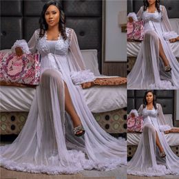 Illusion Women Sexy Lady Tulle Sleepwear Wedding Outfit Garment Bridal Bathrobe Sheer Nightgown Lace Appliques Long Robe243R