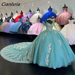 Mint Green Princess Appliques Lace Beading Quinceanera Dresses Ball Gown Ribbons Spaghetti Strap Corset Vestidos De 15 Anos