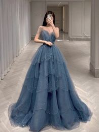 Blue Evening Stunning Layers Tulle with Beading Long Prom Dresses Lace-up Back High Waist YD