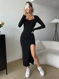 Casual Dresses Women Long Sleeve Dress Solid Color Sweet Square Neck Stylish Side Split Tight-Fitting Party Bodycon