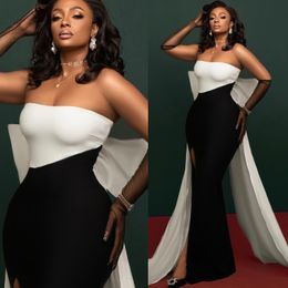 2024 Aso Ebi Black White Mermaid Prom Dress Sexy Simple Satin Evening Formal Party Second Reception 50th Birthday Engagement Gowns Dresses Robe De Soiree ZJ119