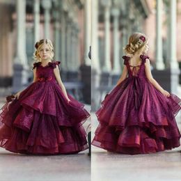 2021 Burgundy Flower Girl Dresses for Wedding Lace Beads 3D Floral Appliqued Little Girls Pageant Dresses Party Gowns Princess Wea281N