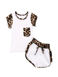 Baby Girl Clothes Set ShortSleeve Leopard Print Patchwork Round Neck Pocket Blouse Short Trousers Set Baby Summer Clothing1182687