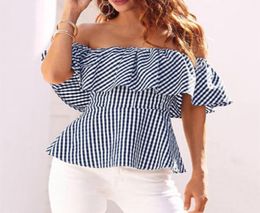 Off Shoulder Sexy Summer Blouses For Women 2018 Ruffle Tunic Tops Femme Short Sleeve Ladies Backless Striped Shirts Blusas Mujer1249121