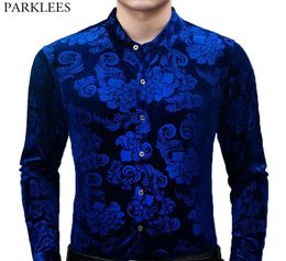 Royal Blue Velvet Velour Shirt Men 2020 Spring New Slim Fit Long Sleeve Mens Floral Dress Shirts Casual Button Down Chemise 2XL5506938