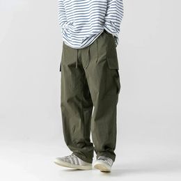 Spring Summer Mens MultiPocket Cargo Pants Casual Solid Colour Straight Baggy Wideleg Men 240305