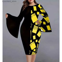 Urban Sexy Dresses 2023 Digital Printing Flare Sleeve Large Women Dress Plus Size Wrap Hip Skirt L240309