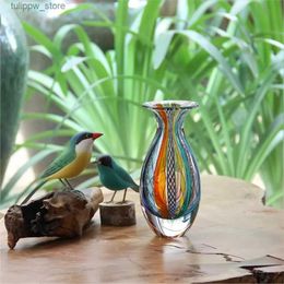 Vases Small Glass Vase Hippie Colored Canes Hand Blown Murano-Style Art Glass Home Decoration Room Decor Vases Decorations Flower L240309