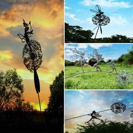 Decorative Objects Figurines Dancing Fairy Statue Steel Wires Fairy Elf Dandelion Miniature Sculpture Mythical Garden Figurine Fairies Pixies Yard Decor T240309