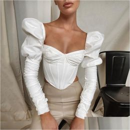 Women'S Blouses & Shirts Vintage Square Collar Corset Women Top And Blouses Elegant Puff Long Sleeve Crop Tops Y Low Cut Backless Blu Dhxu5