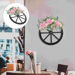 Decorative Flowers Spring Floral Wreath Front Door Hanging Wood Wheel Decoration