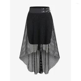 Skirts ROSEGAL Plus Size Gothic Fishnet Overlay Grommets Buckle High Low Skirt Ladies Streetwear Bottoms Black Elastic Waist Midi