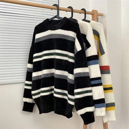 Men's Sweaters Korean Fashion Knitted Sweater Men Autumn Contrast Colour Loose Streetwear Mens Clothes Stripe D105