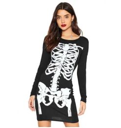 Dress Women Pencil Dress Autumn Punk Skull Printing ONeck Long Sleeve Sexy Casual Skeleton Halloween Party Dress