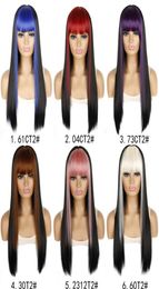 Highlight Blonde Ombre Synthetic Glueless Wig With Bangs For Women Long Straight Blue Red Pink Colored Fringe Cosplay Wigs Heat Re2422545