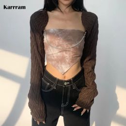 T-Shirt Karrram Vintage Cardigan Cloak + Tie Dye Irregular Camisole Two Piece Set Chain Design Sexy Slim Crop Top Women Scarf Streetwear