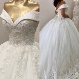 Gown Ball Crystal Beaded Wedding Dresses Lace Appliques Off Shoulder V-neck Long Tulle Bridal Gowns Lace-up Gorgeous Bride Dress 2024 s -up