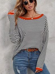 Women's Hoodies Womens Crewneck Long Sleeve Sweaters Casual Striped Color Block Drop Shoulder Cotton Pullover Jumpers Tops