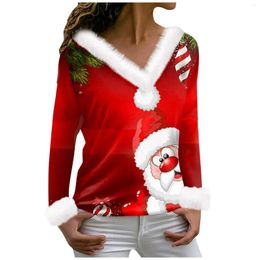 Women's Hoodies Christmas Clothing Tops For Women Santa Claus Print V Neck Long Sleeved Red Pullovers Year Fur Collar T Shirt Y2k Sweatshirt