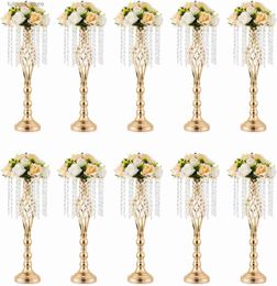 Vases 10 Pcs Gold Vase for Wedding Centerpieces Table Decorations with Chandelier Crystals Flower Vase Wedding Metal Flower Stand L240309