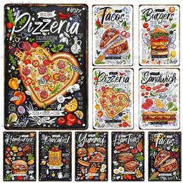 Metal Painting Creative Food Tin Painting Metal Sign Burger Pizza Poster Home Kitchen Caf Restaurant Bar Party Art Painting Wall Decoration T240309