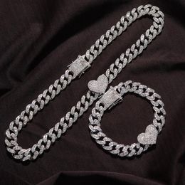 Chains 2Pc Set Rapper Full Heavy Heart-shaped Cuban Link Bracelet Iced Women For Men Necklcae Chain Prong Pave Luxury Hiphop Jewel290e