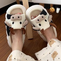 Slippers 2024 Cow Couple Indoor Home Spring Cotton Sandals Women's Cute Cartoon Silent Linen