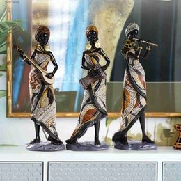 Decorative Objects Figurines Resin African Tribal Female Figurines Art Black People Musical Instrument Statue Handicrafts Creative Home Decor For Interior T2403