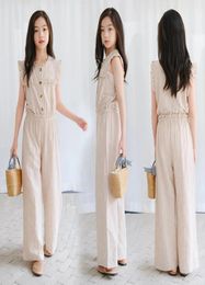 Fashion Girl overall big kids Teenager Wide Leg Sleeveless Loose pants Cotton Clothes Apricot Children039s Bodysuits 16 years A6542118