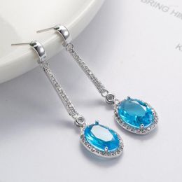 Hoop Earrings Fashion Blue Zircon Long For Women Korea Creative Temperamental Tassel Dangle Drop Wedding Jewlery Gift2495