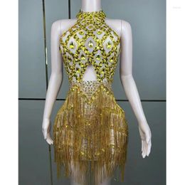 Stage Wear Shining Rhinestones Sequins Tassel Short Dress Singer Dancer Sexy Backless Fringe Costume Birthday Party Prom Crystal Gown
