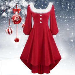 Dress Winter Women Christmas Dress Elegant Puff Long Sleeve Faux Fur Collar Midi Party Costume Xmas New Year Festival Robe