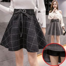 Woollen Plaid High Waist Skirt Women Korean Slim Mini Aline Lace up Ball Gown Autumn Winter Preppy Style Skort Female 240301