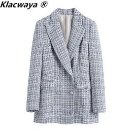 Jackets Klacwaya Women's Jacket Tweed Blazer Coat Women Autumn 2021 Female Blazer Elegant Women Suits Long Sleeve Checked Jacket Female