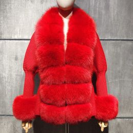 Fur YOLOAgain Real Fox Fur Cardigan Knitted Winter Sweater Women Elegant Detachable Fur Cardigan