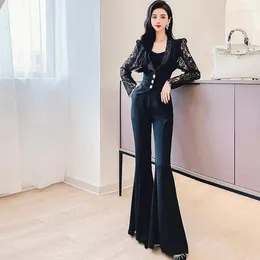 Women's Two Piece Pants Womens OL Spring Sets Long Sleeve Lace Blazer Flared Suit Elegant Women Vintage Casual Clothes 2pcs E493